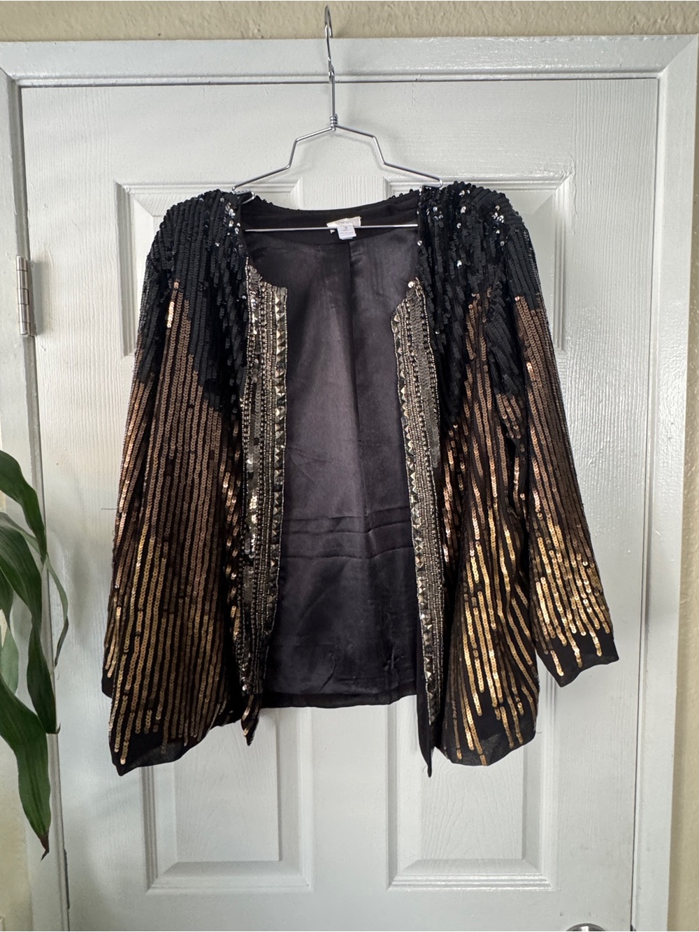 Chico's Shinning Scarlet Jerri 3/4 Sequin Black and Gold Jacket, XL (16)